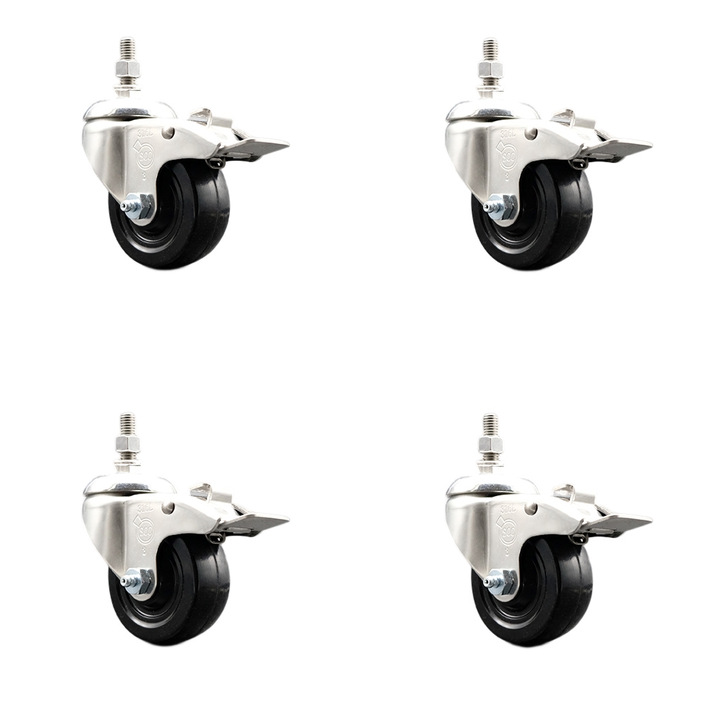 Soft Rubber Swivel Stem Caster with 3.5 in. Caster Wheels 0.5 in. Threaded Stems 316 Stainless Steel Casters - Set of 4