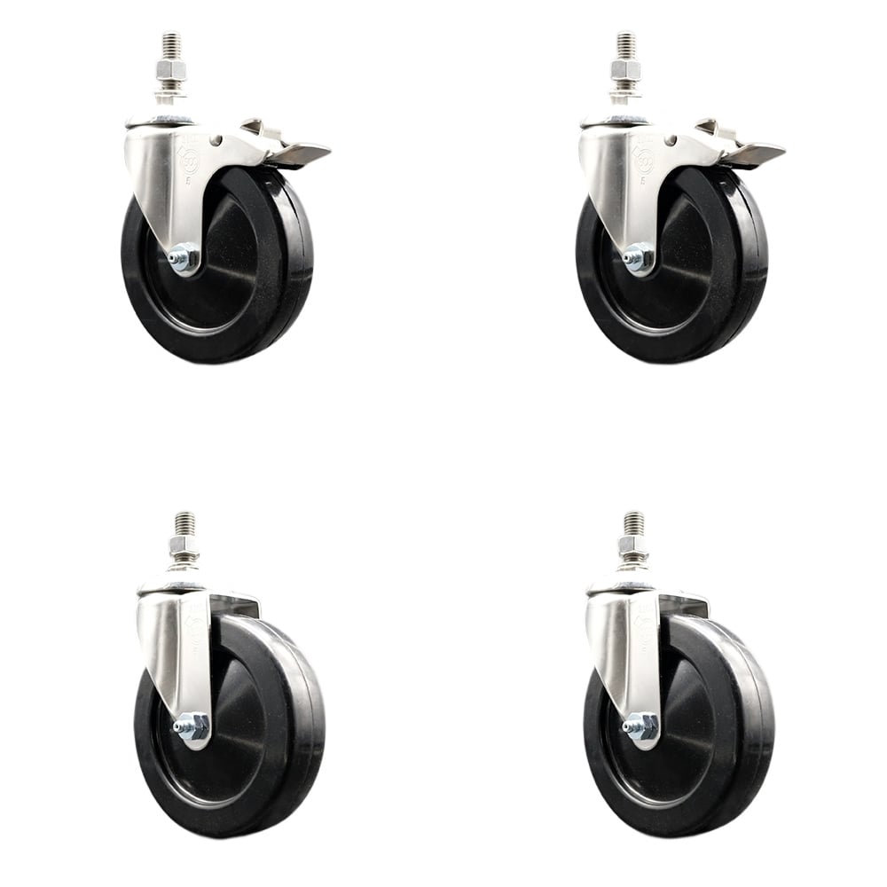 Soft Rubber Swivel Stem Caster with 5 in. Caster Wheels 0.5 in. Threaded Stems 316 Stainless Steel Casters - Set of 4