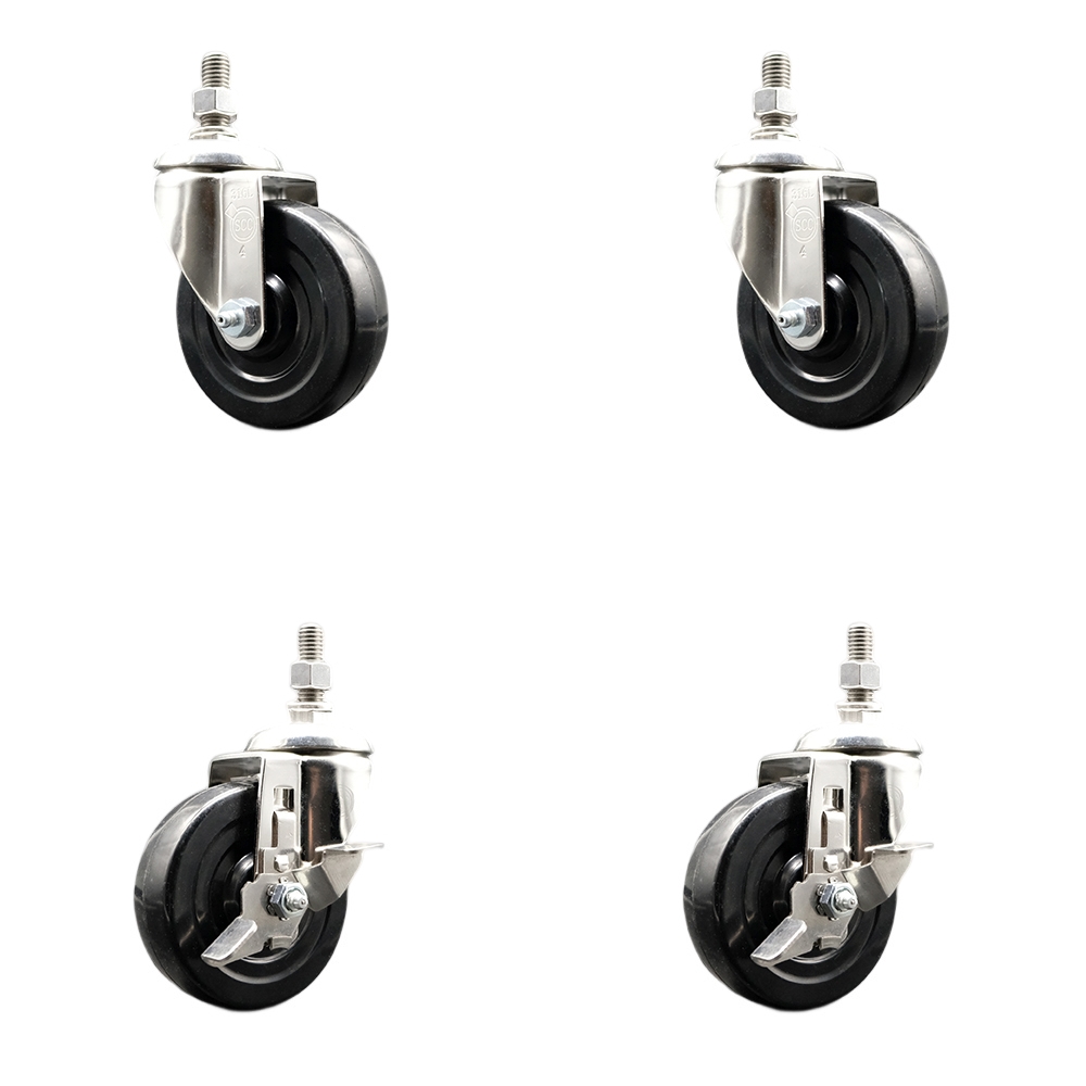 Soft Rubber Swivel Stem Caster with 4 in. Caster Wheels 0.38 in. Threaded Stems 316 Stainless Steel Casters - Set of 4