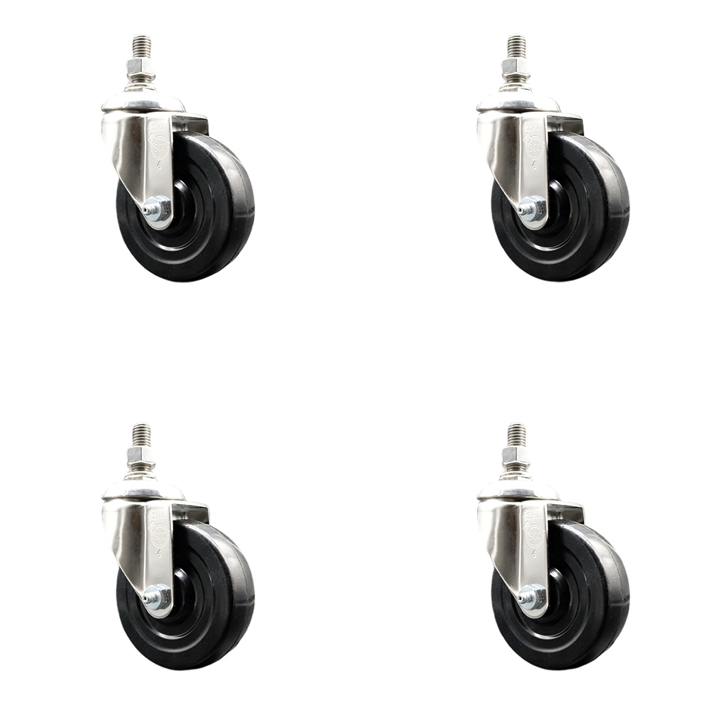 SCC-SS316TS20S414-SRS-M1015-4 Soft Rubber Swivel Stem Caster with 4 in. Caster Wheels 10 mm Threaded Stems 316 Stainless Steel Casters - Set of 4