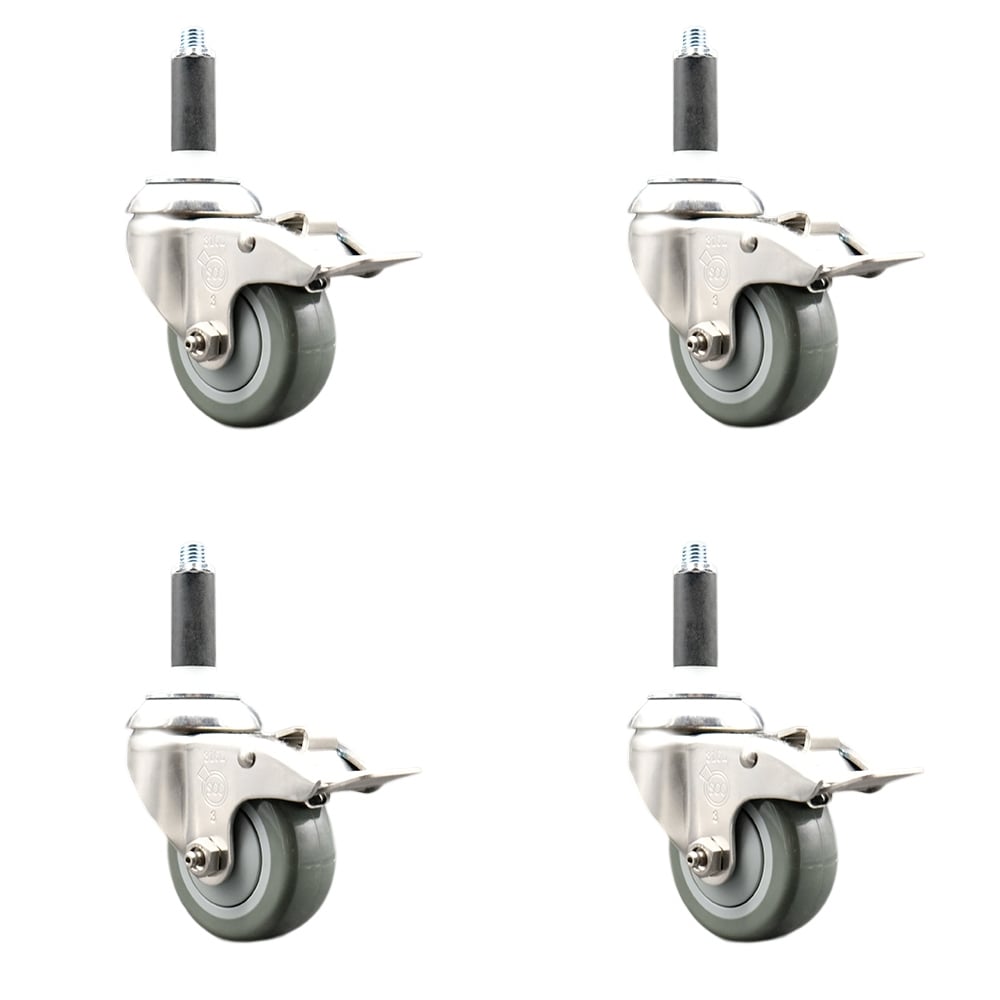 Polyurethane Swivel Stem Caster with 3.5 in. Gray Caster Wheels, 0.87 in. Expanding Stems - 316 Stainless Steel Casters - Set of 4