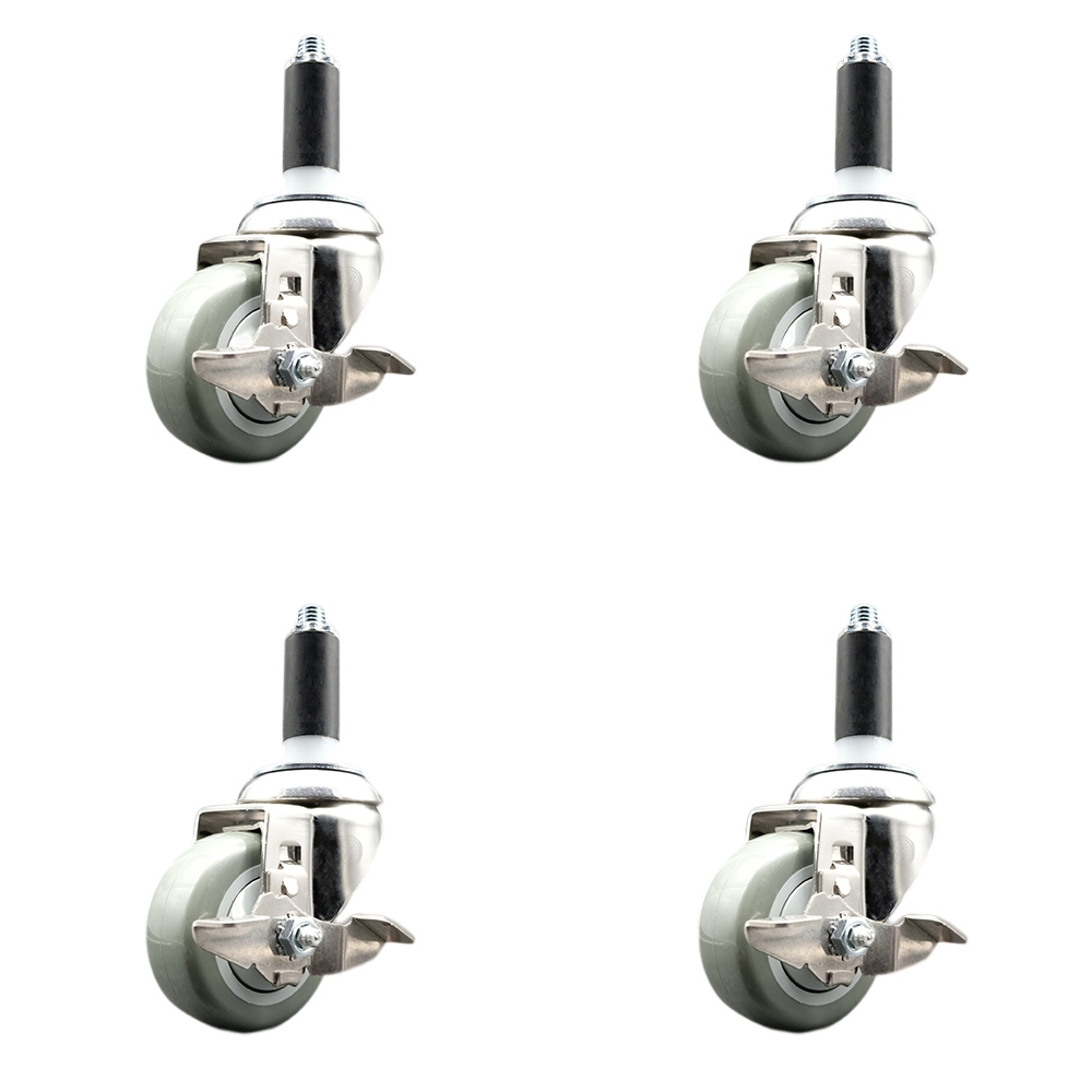 Polyurethane Swivel Stem Caster with 3 in. Gray Caster Wheels, 1 in. Expanding Stems - 316 Stainless Steel Casters - Set of 4