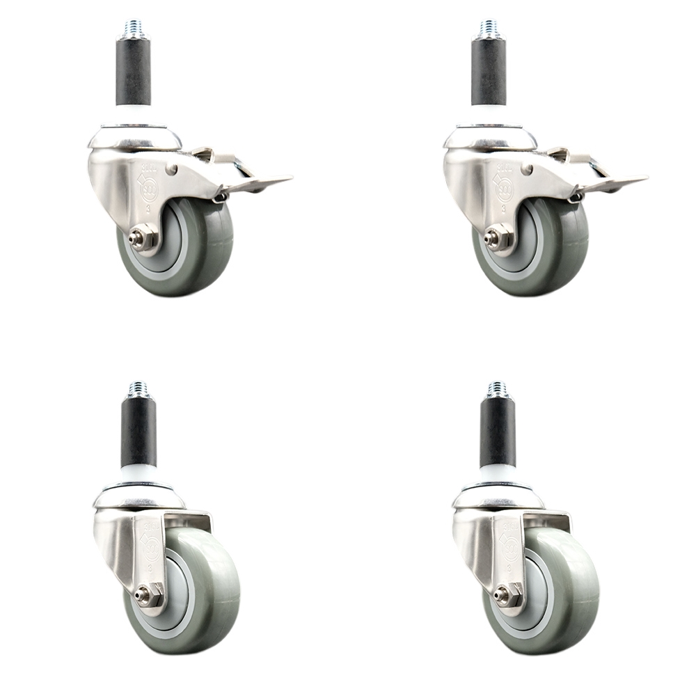 Polyurethane Swivel Stem Caster with 3 in. Gray Caster Wheels, 1 in. Expanding Stem - 316 Stainless Steel Casters - Set of 4