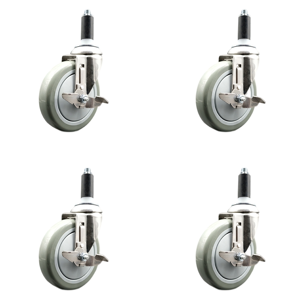 Polyurethane Swivel Stem Caster with 5 in. Gray Caster Wheels, 1 in. Expanding Stems - 316 Stainless Steel Casters - Set of 4