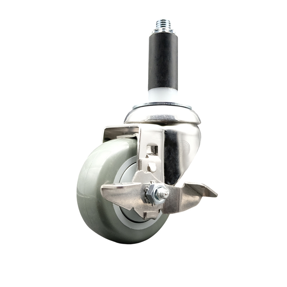 Polyurethane Swivel Stem Caster with 3 in. Gray Caster Wheels & Top Lock Brake, 1.13 in. Expanding Stem - 316 Stainless Steel Caster
