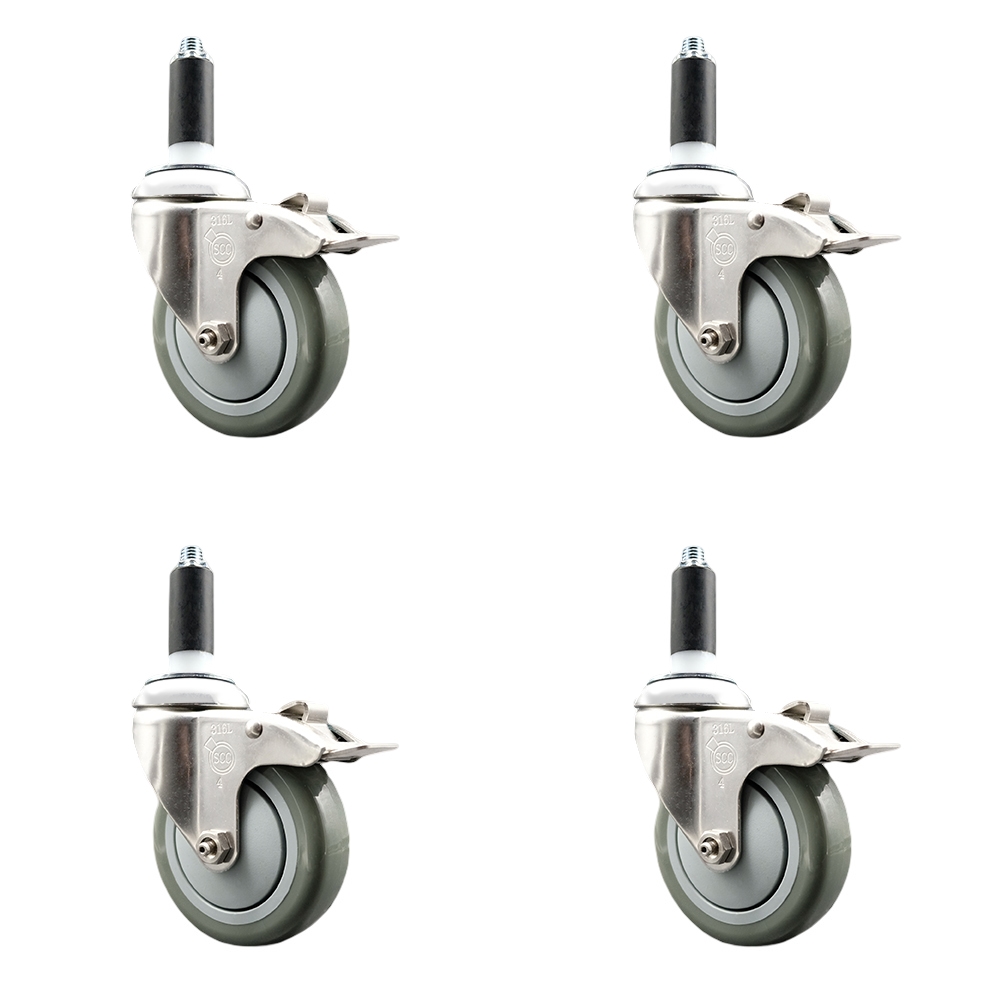 Polyurethane Swivel Stem Caster with 4 in. Gray Caster Wheels, 1.13 in. Expanding Stems - 316 Stainless Steel Casters - Set of 4