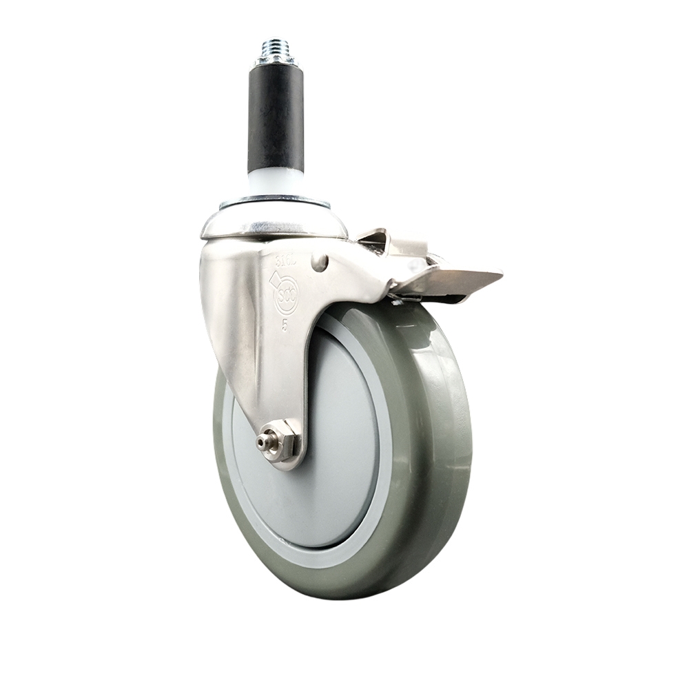 Polyurethane Swivel Stem Caster with 5 in. Gray Caster Wheels & Total Lock Brake, 1.13 in. Expanding Stem - 316 Stainless Steel Caster