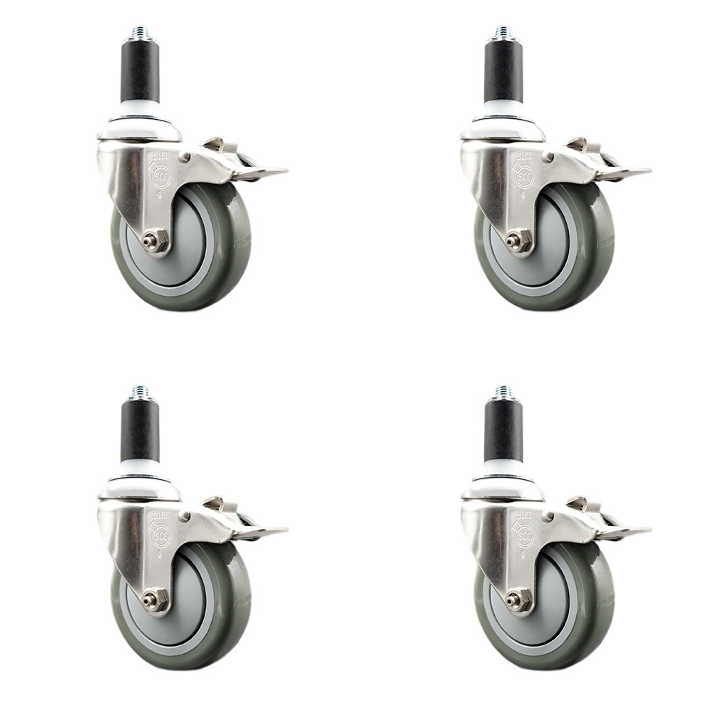 Polyurethane Swivel Stem Caster with 4 in. Gray Caster Wheels, 1.25 in. Expanding Stems - 316 Stainless Steel Casters - Set of 4