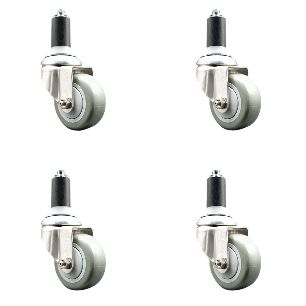 Polyurethane Swivel Stem Caster with 3 in. Gray Caster Wheels, 1.38 in. Expanding Stems - 316 Stainless Steel Casters - Set of 4