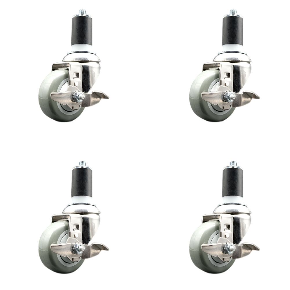 Polyurethane Swivel Stem Caster with 3 in. Gray Caster Wheels, 1.63 in. Expanding Stems - 316 Stainless Steel Casters - Set of 4
