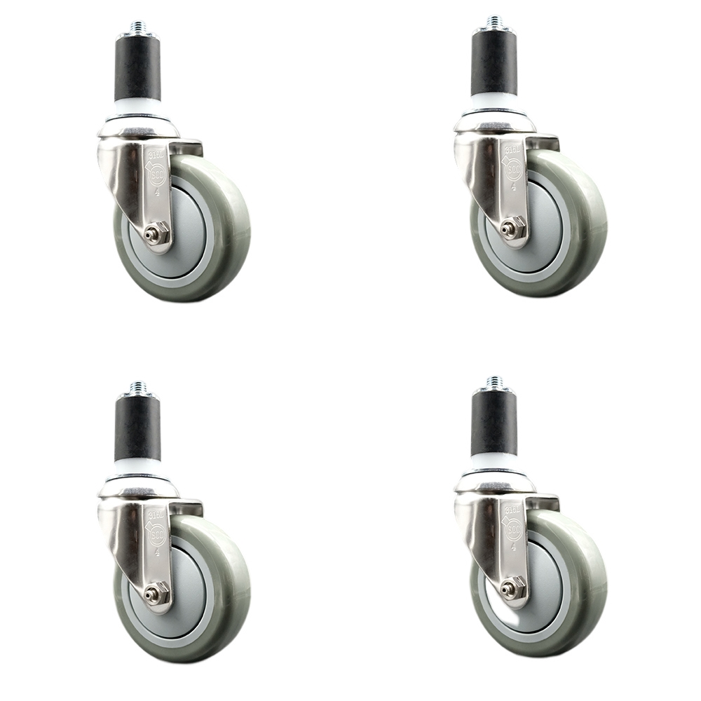 Polyurethane Swivel Stem Caster with 4 in. Gray Caster Wheels, 1.63 in. Expanding Stems - 316 Stainless Steel Casters - Set of 4