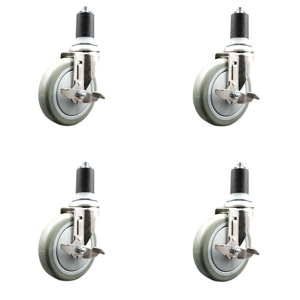 Polyurethane Swivel Stem Caster with 5 in. Gray Caster Wheels, 1.63 in. Expanding Stems - 316 Stainless Steel Casters - Set of 4