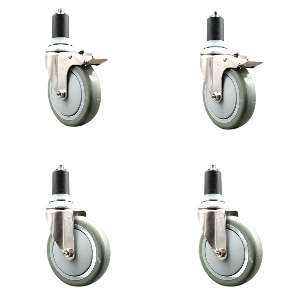 Polyurethane Swivel Stem Caster with 5 in. Gray Caster Wheels, 1.63 in. Expanding Stem - 316 Stainless Steel Casters - Set of 4