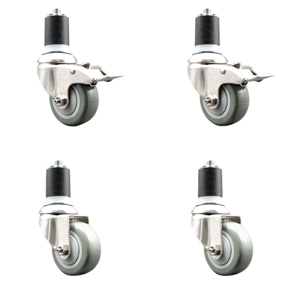 Polyurethane Swivel Stem Caster with 3.5 in. Gray Caster Wheels, 1.75 in. Expanding Stem - 316 Stainless Steel Casters - Set of 4