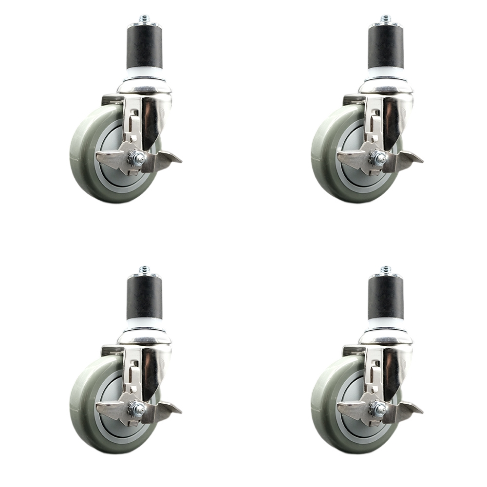 Polyurethane Swivel Stem Caster with 4 in. Gray Caster Wheels, 1.75 in. Expanding Stems - 316 Stainless Steel Casters - Set of 4