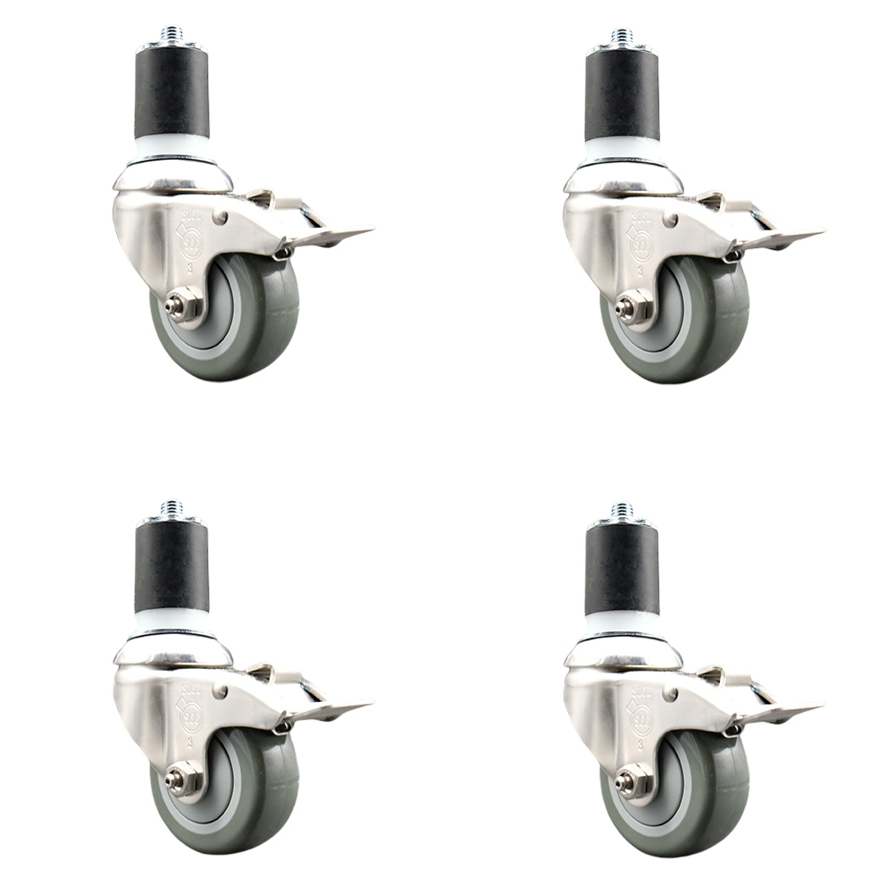 Polyurethane Swivel Stem Caster with 3 in. Gray Caster Wheels, 1.87 in. Expanding Stems - 316 Stainless Steel Casters - Set of 4