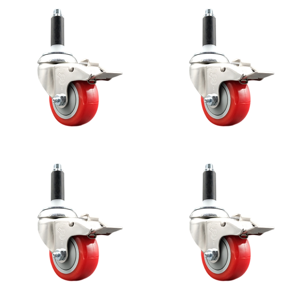 Polyurethane Swivel Stem Caster with 3 in. Red Caster Wheels, 0.75 in. Expanding Stems - 316 Stainless Steel Casters - Set of 4