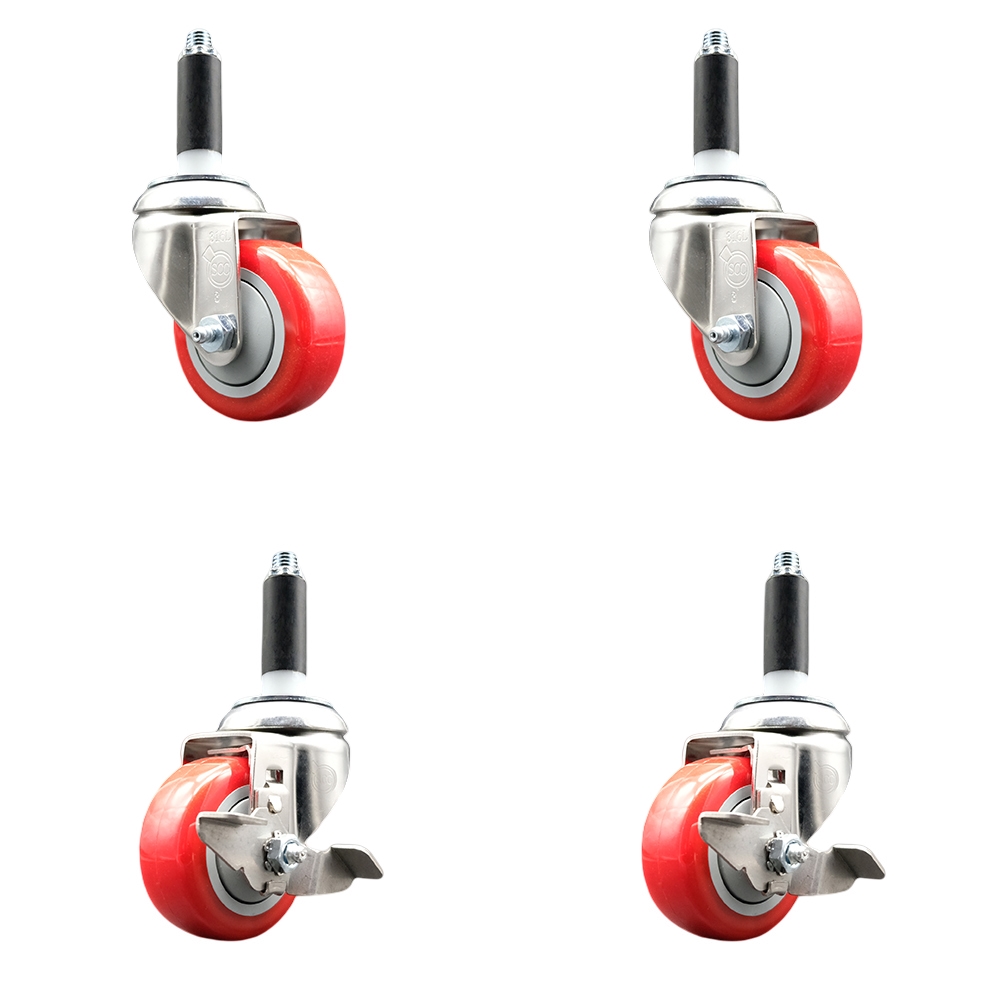 Polyurethane Swivel Stem Caster with 3.5 in. Red Caster Wheels, 0.75 in. Expanding Stems - 316 Stainless Steel Casters - Set of 4