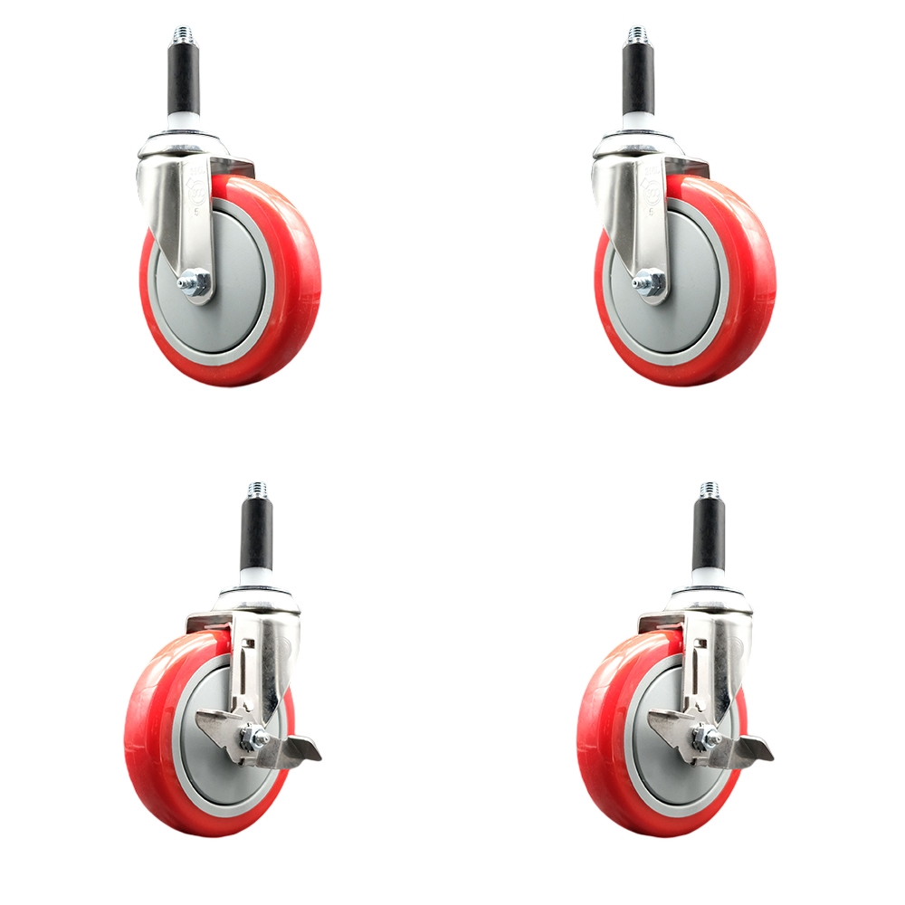Polyurethane Swivel Stem Caster with 5 in. Red Caster Wheels, 0.75 in. Expanding Stems - 316 Stainless Steel Casters - Set of 4