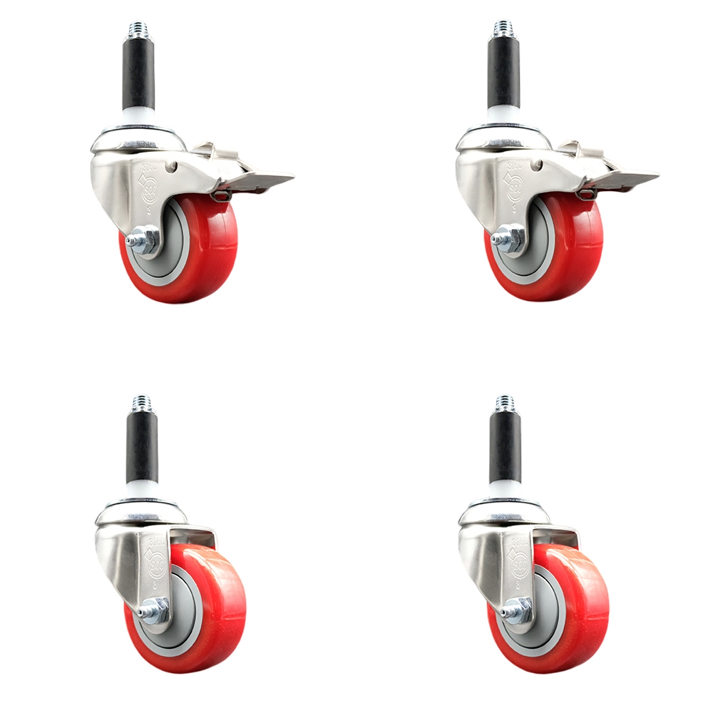 Polyurethane Swivel Stem Caster with 3.5 in. Red Caster Wheels, 0.87 in. Expanding Stem - 316 Stainless Steel Casters - Set of 4