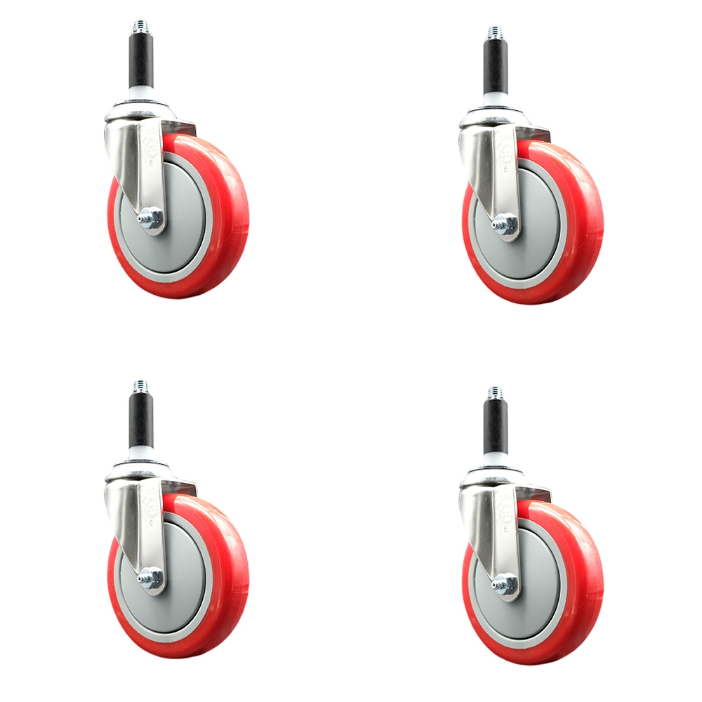Polyurethane Swivel Stem Caster with 5 in. Red Caster Wheels, 0.87 in. Expanding Stems - 316 Stainless Steel Casters - Set of 4