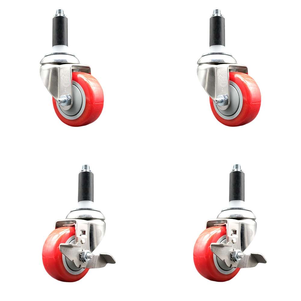 Polyurethane Swivel Stem Caster with 3 in. Red Caster Wheels, 1 in. Expanding Stems - 316 Stainless Steel Casters - Set of 4