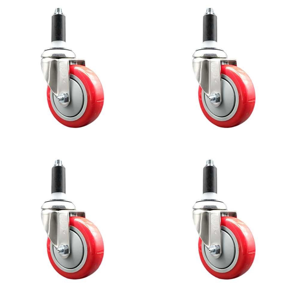 Polyurethane Swivel Stem Caster with 4 in. Red Caster Wheels, 1 in. Expanding Stems - 316 Stainless Steel Casters - Set of 4