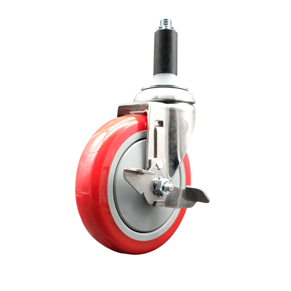 Polyurethane Swivel Stem Caster with 5 in. Red Caster Wheels & Top Lock Brake, 1 in. Expanding Stem - 316 Stainless Steel Caster