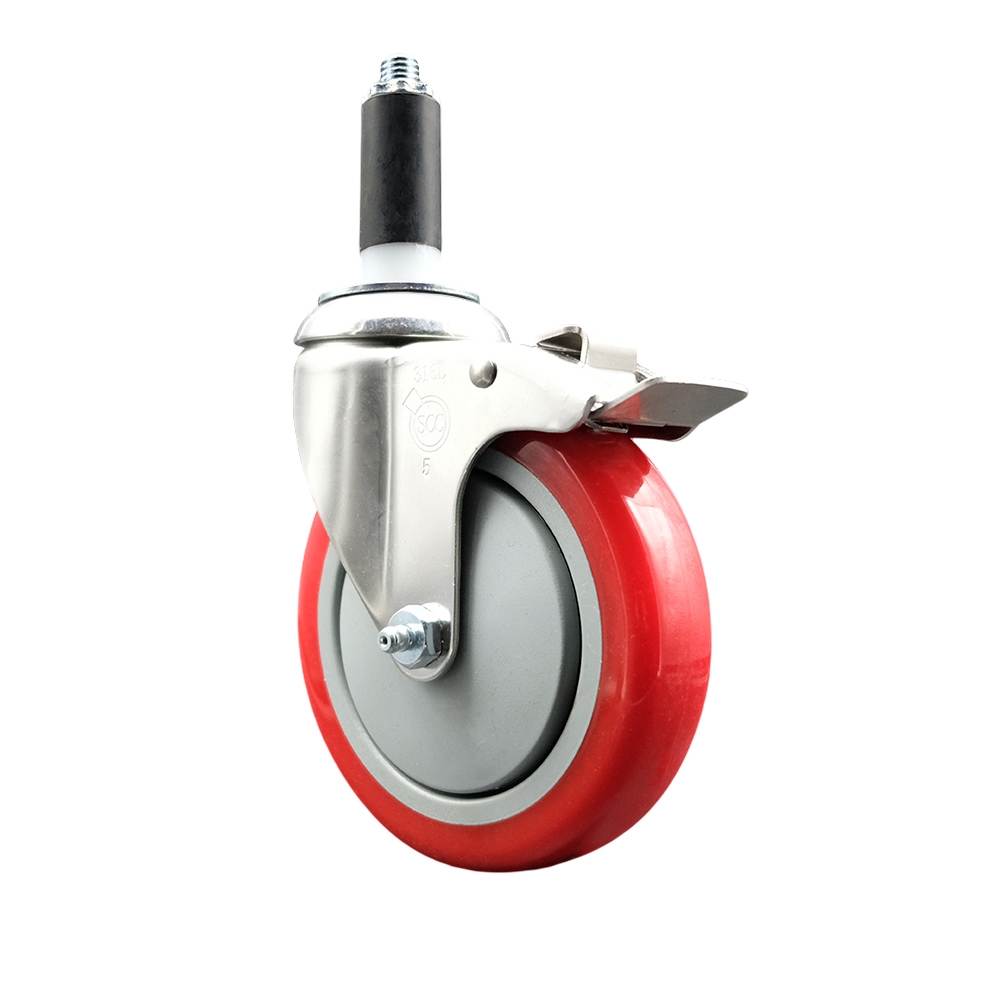 Polyurethane Swivel Stem Caster with 5 in. Red Caster Wheels & Total Lock Brake, 1 in. Expanding Stem - 316 Stainless Steel Caster