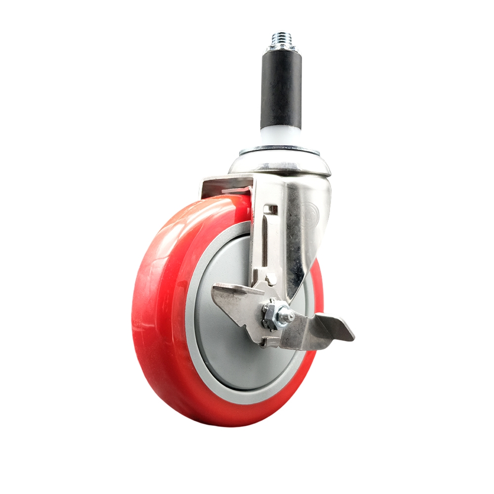 Polyurethane Swivel Stem Caster with 5 in. Red Caster Wheels & Top Lock Brake, 1.13 in. Expanding Stem - 316 Stainless Steel Caster