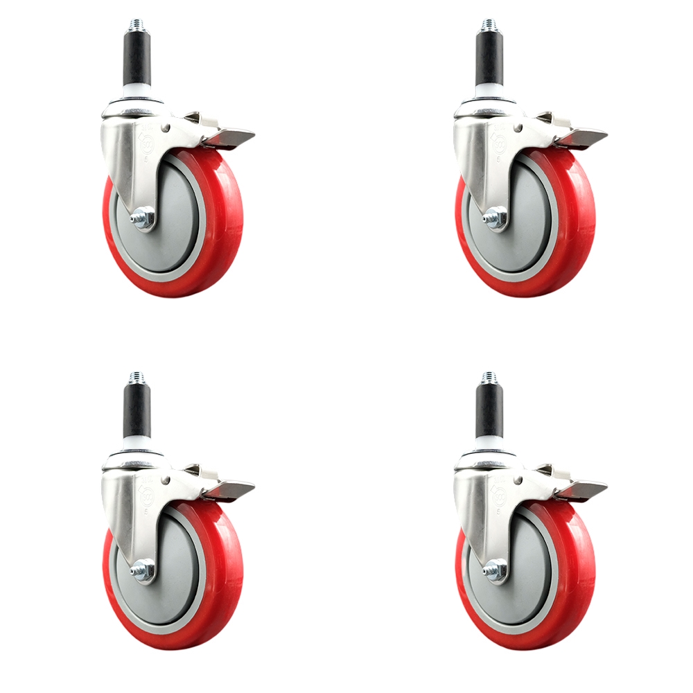 Polyurethane Swivel Stem Caster with 5 in. Red Caster Wheels, 1.13 in. Expanding Stems - 316 Stainless Steel Casters - Set of 4