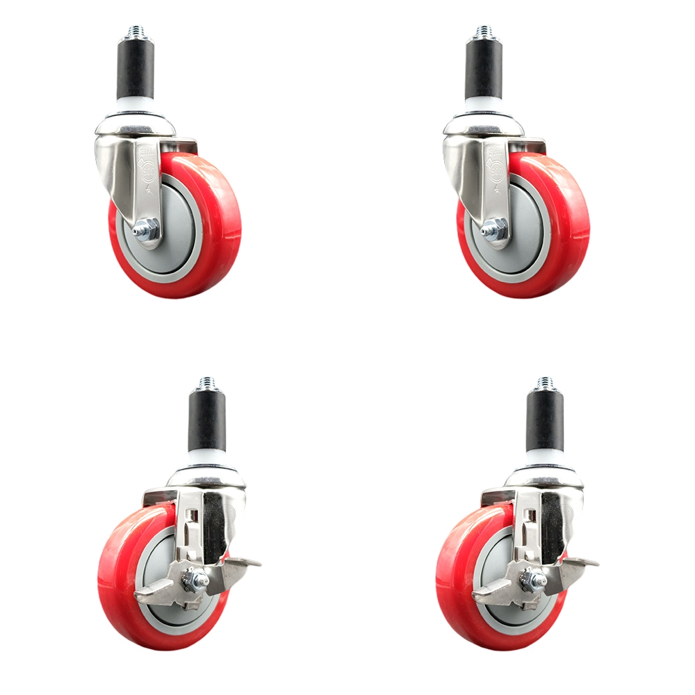 Polyurethane Swivel Stem Caster with 4 in. Red Caster Wheels, 1.25 in. Expanding Stems - 316 Stainless Steel Casters - Set of 4