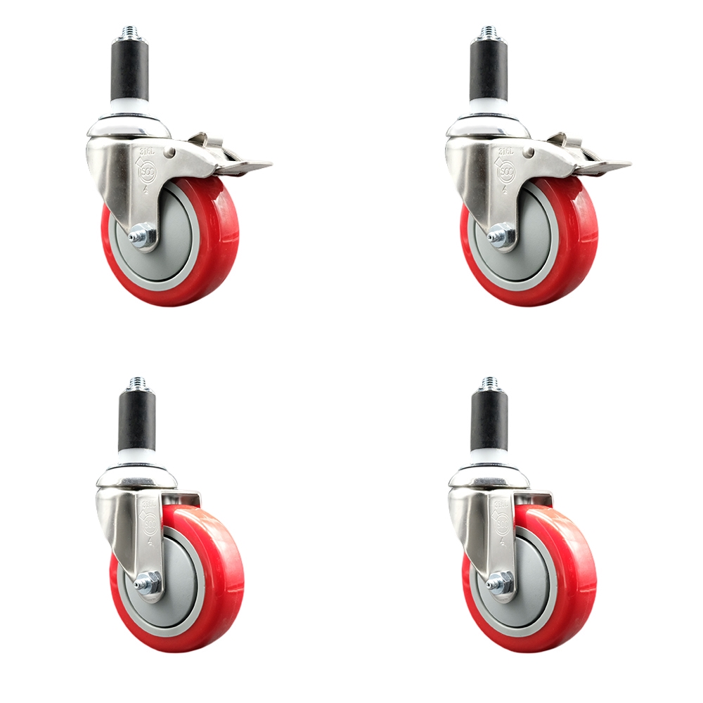 Polyurethane Swivel Stem Caster with 4 in. Red Caster Wheels, 1.25 in. Expanding Stem - 316 Stainless Steel Casters - Set of 4