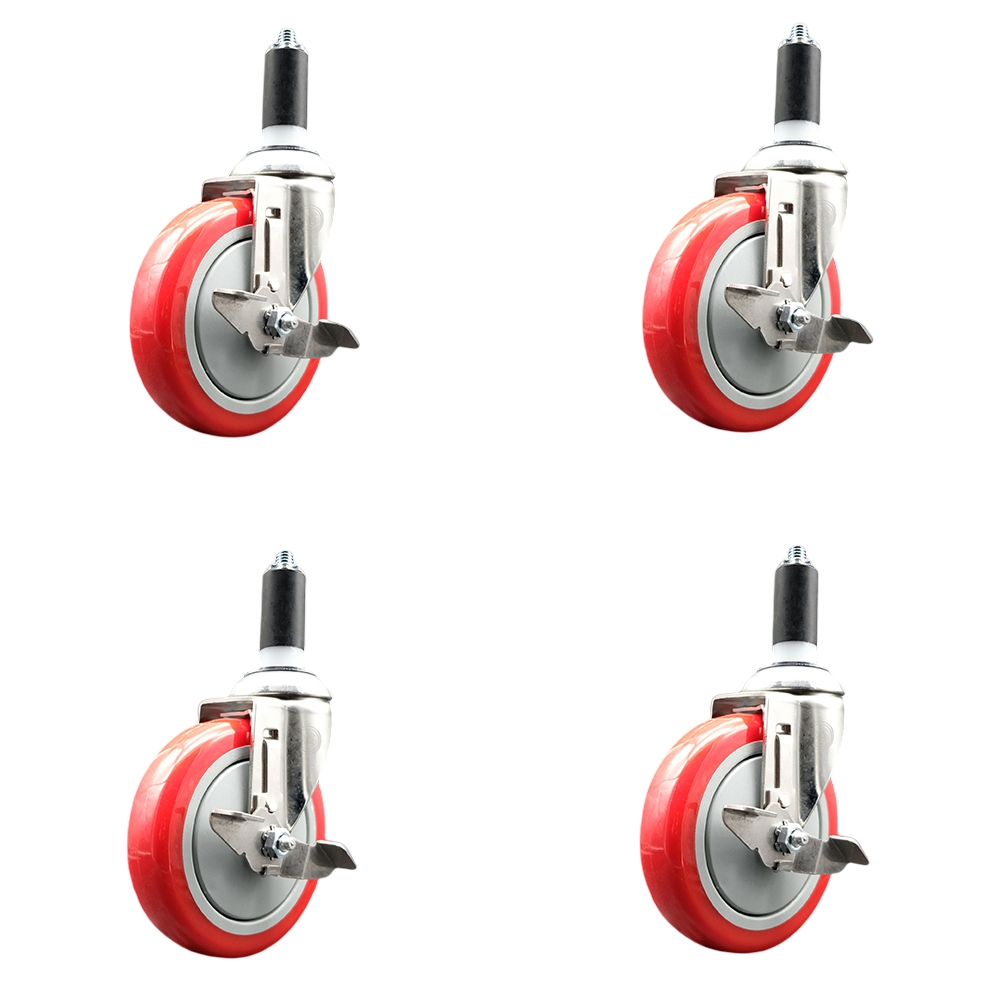 Polyurethane Swivel Stem Caster with 5 in. Red Caster Wheels, 1.25 in. Expanding Stems - 316 Stainless Steel Casters - Set of 4