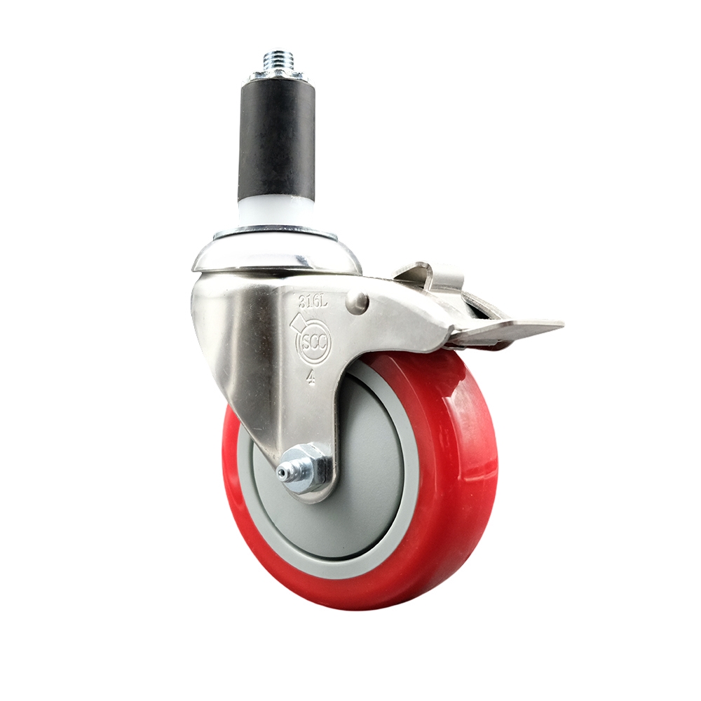 Polyurethane Swivel Stem Caster with 4 in. Red Caster Wheels & Total Lock Brake, 1.38 in. Expanding Stem - 316 Stainless Steel Caster