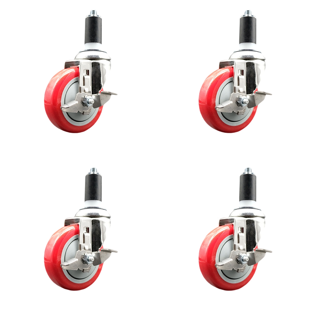 Polyurethane Swivel Stem Caster with 4 in. Red Caster Wheels, 1.38 in. Expanding Stems - 316 Stainless Steel Casters - Set of 4