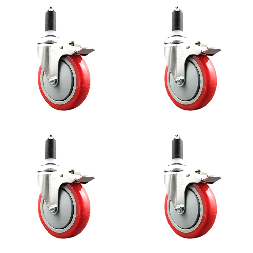 Polyurethane Swivel Stem Caster with 5 in. Red Caster Wheels, 1.38 in. Expanding Stems - 316 Stainless Steel Casters - Set of 4