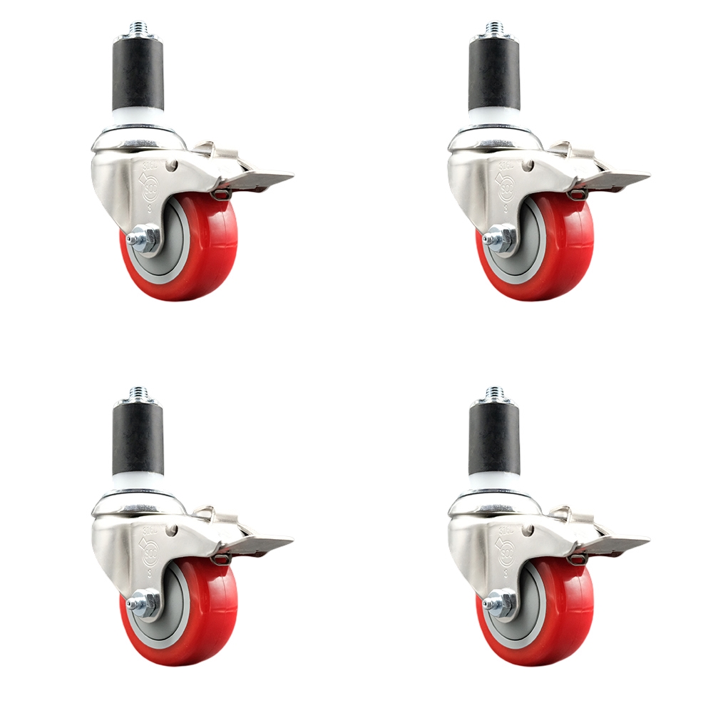 Polyurethane Swivel Stem Caster with 3.5 in. Red Caster Wheels, 1.5 in. Expanding Stems - 316 Stainless Steel Casters - Set of 4