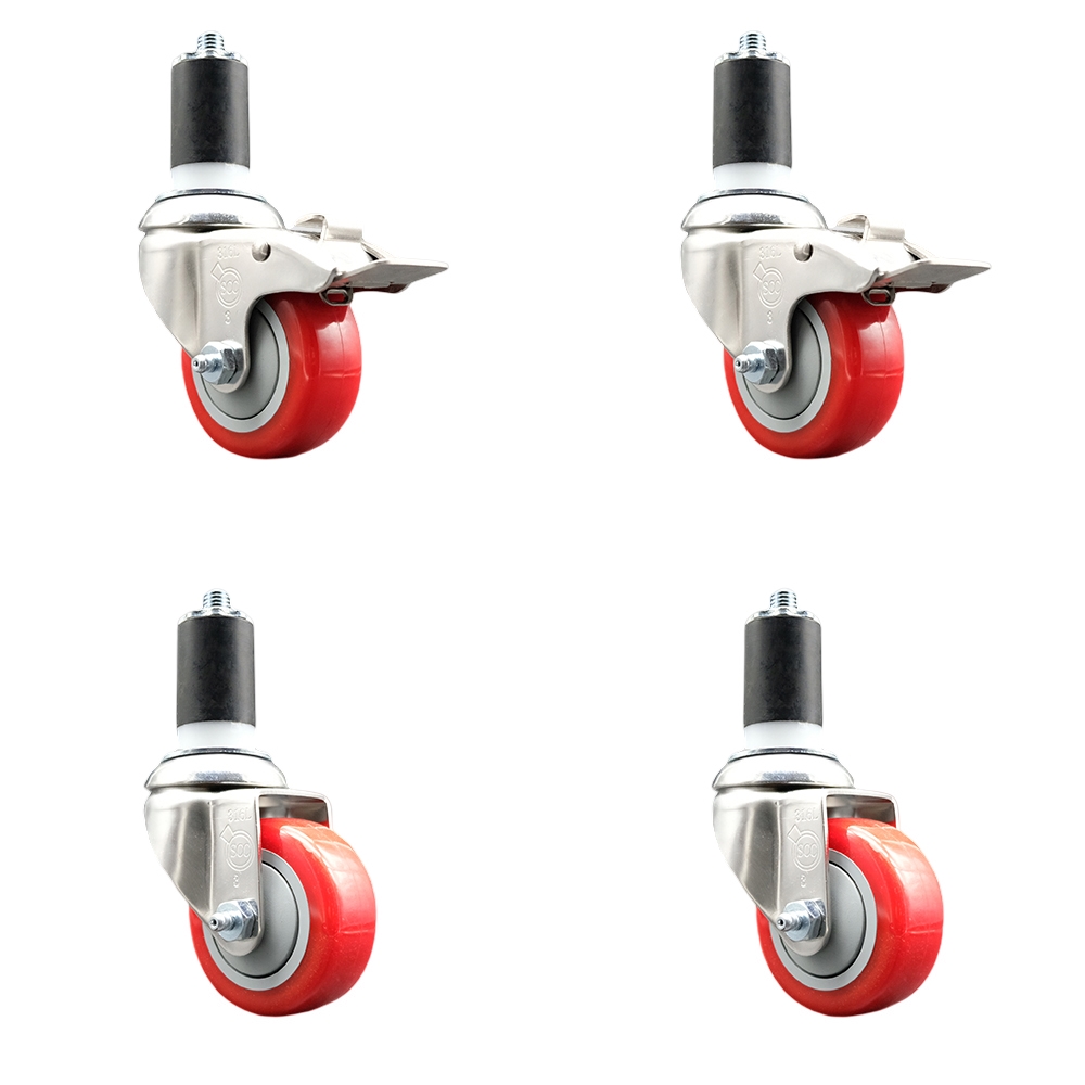 Polyurethane Swivel Stem Caster with 3.5 in. Red Caster Wheels, 1.5 in. Expanding Stem - 316 Stainless Steel Casters - Set of 4