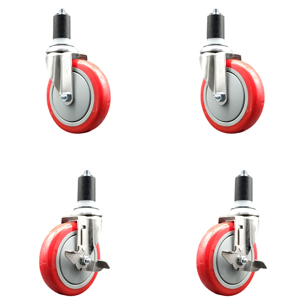 Polyurethane Swivel Stem Caster with 5 in. Red Caster Wheels, 1.5 in. Expanding Stems - 316 Stainless Steel Casters - Set of 4