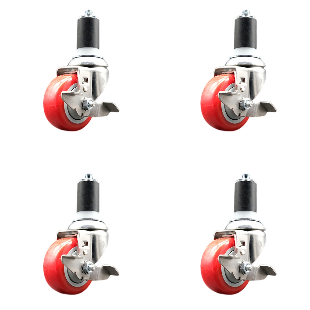 Polyurethane Swivel Stem Caster with 3 in. Red Caster Wheels, 1.63 in. Expanding Stems - 316 Stainless Steel Casters - Set of 4