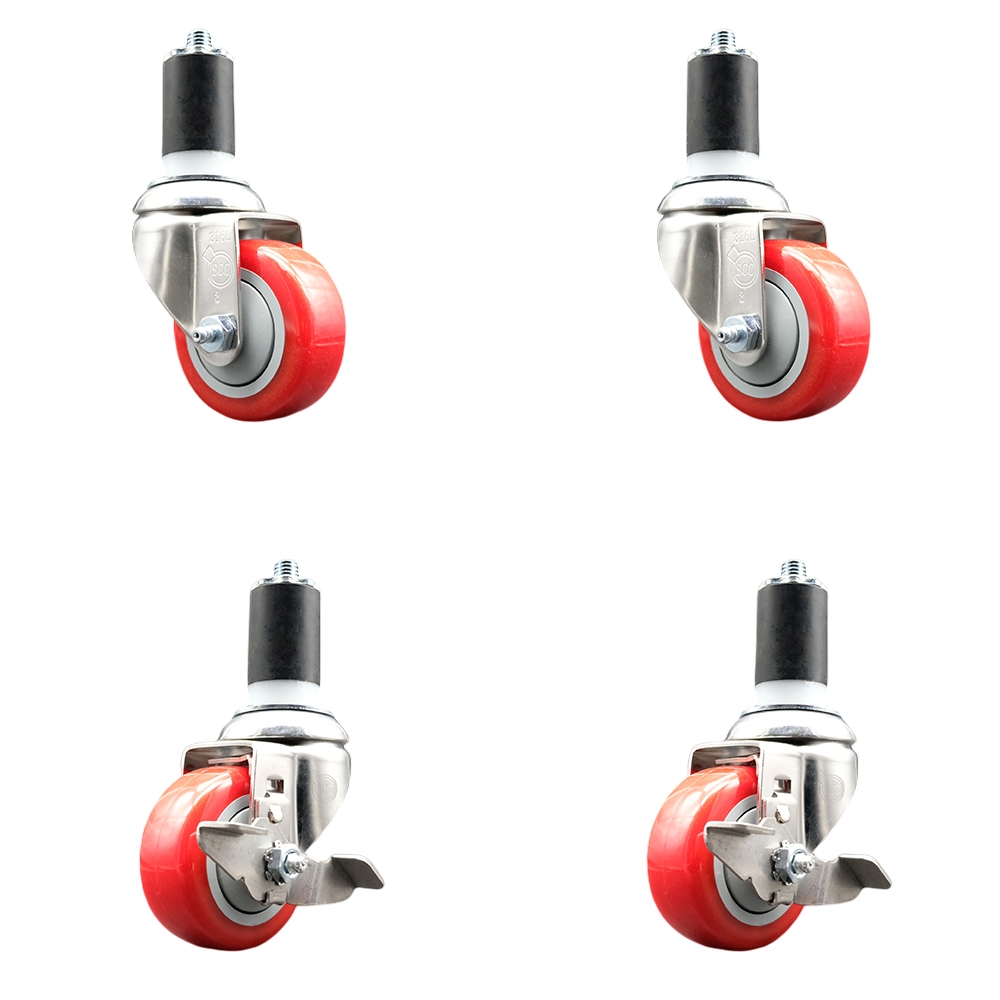 Polyurethane Swivel Stem Caster with 3.5 in. Red Caster Wheels, 1.63 in. Expanding Stems - 316 Stainless Steel Casters - Set of 4