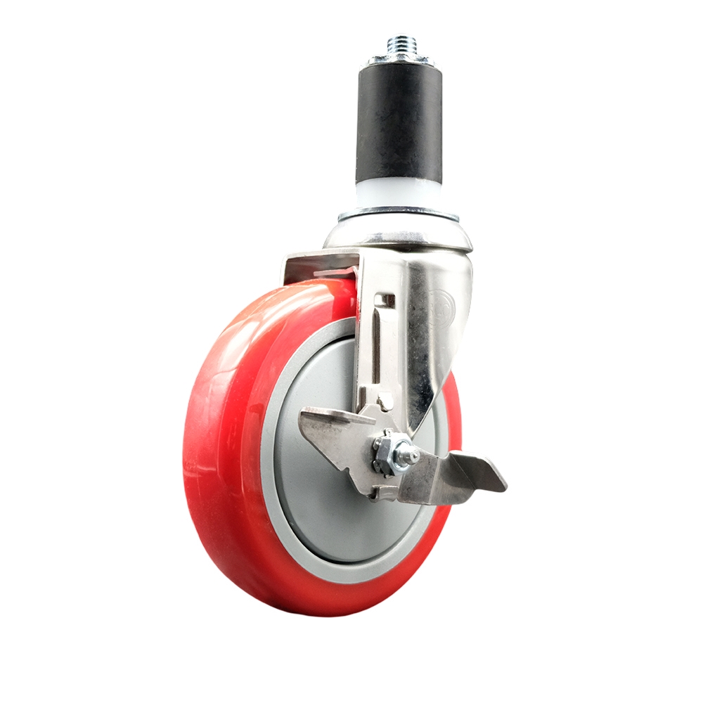 Polyurethane Swivel Stem Caster with 5 in. Red Caster Wheels & Top Lock Brake, 1.63 in. Expanding Stem - 316 Stainless Steel Caster