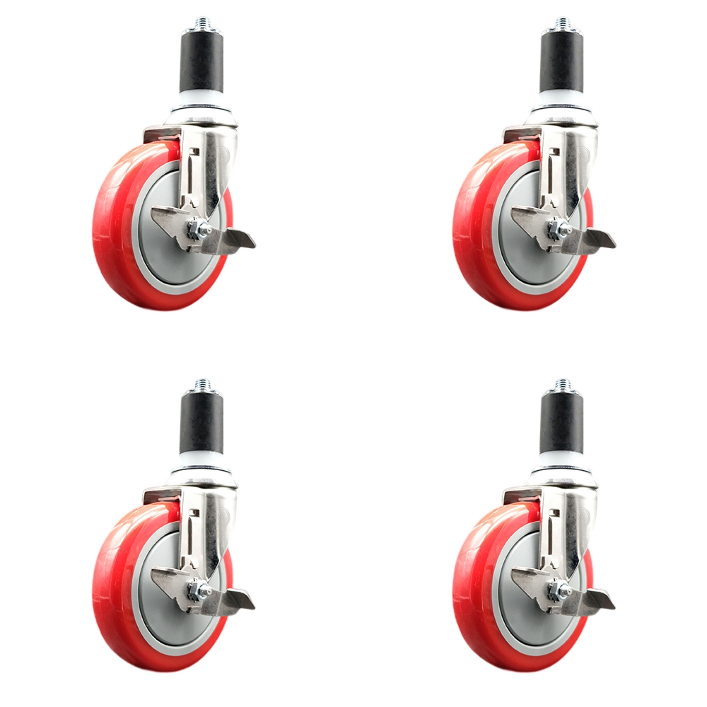 Polyurethane Swivel Stem Caster with 5 in. Red Caster Wheels, 1.63 in. Expanding Stems - 316 Stainless Steel Casters - Set of 4
