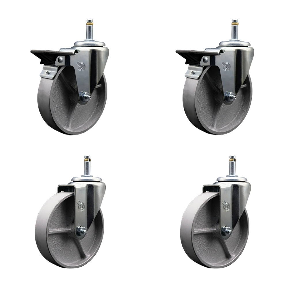 Semi Steel Cast Iron Swivel Grip Ring Stem Caster with Roller Bearings, 5 x 1.5 in. Silver Wheels & 0.43 in. Stems - Set of 4