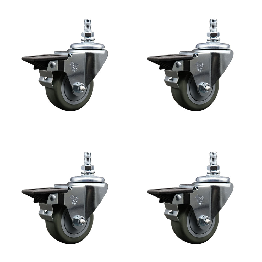 SCC-TS20S314-PPUB-PLB-M1015-4 Polyurethane Swivel Threaded Stem Caster with 3 x 1.25 in. Gray Wheels & 10 mm Stems - Set of 4