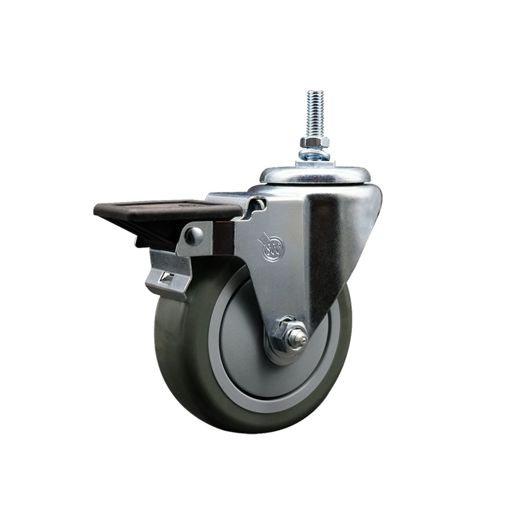 SCC-TS20S414-PPUB-PLB-M1215 Polyurethane Swivel Threaded Stem Caster with 4 x 1.25 in. gray Wheel & 12 mm Stem & Posi Locking Brake