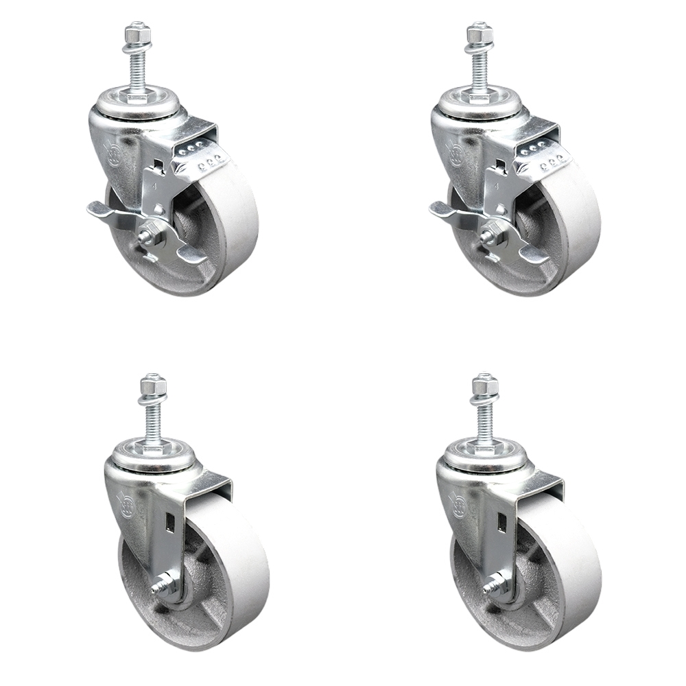SCC-TS20S414-SSS-381615-2-TLB-2 Semi Steel Cast Iron Swivel Threaded Stem Caster with 4 x 1.25 in. Silver Wheels & 0.38 in. Stems - Set of 4