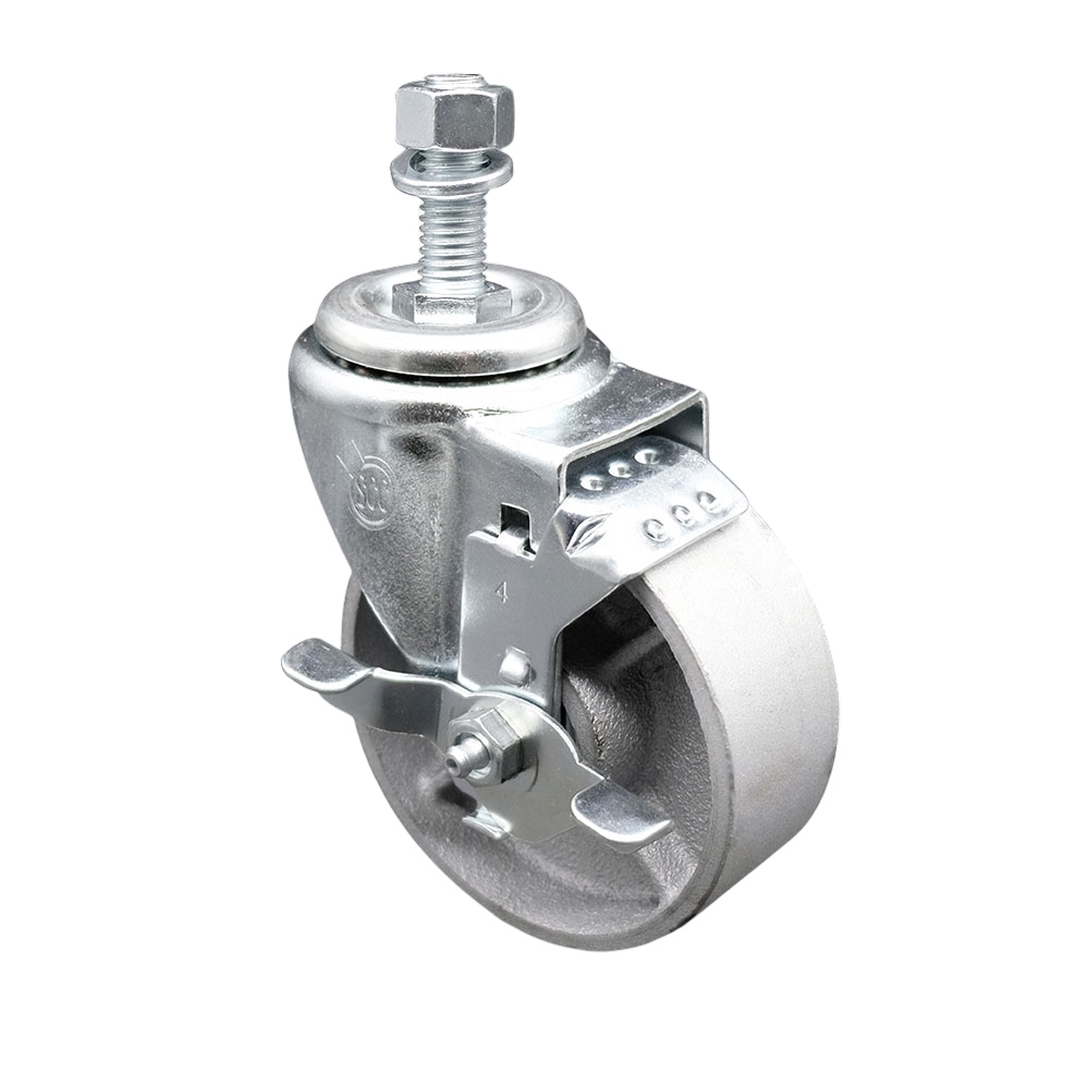 SCC-TS20S414-SSS-TLB-M1215 Semi Steel Cast Iron Swivel Threaded Stem Caster with 4 x 1.25 in. Silver Wheel & 12 mm Stem & Top Locking Brake