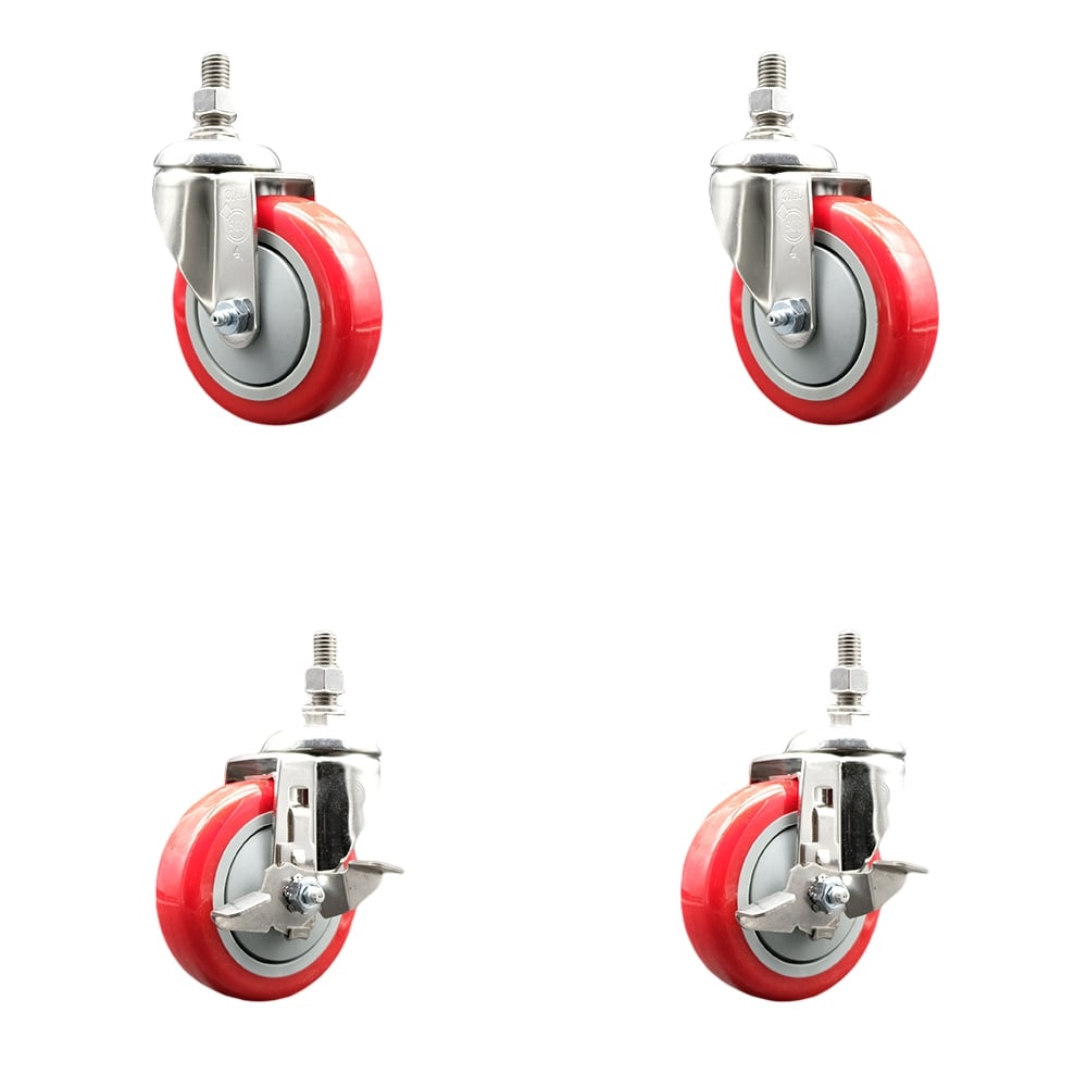 Poly Swivel Stem Caster with 4 in. Red Caster Wheels, 10 mm Threaded Stems - 316 Stainless Steel Casters - Set of 4